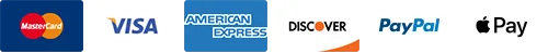We Accept Visa, Mastercard, American Express, Discover, PayPal, and Apple Pay